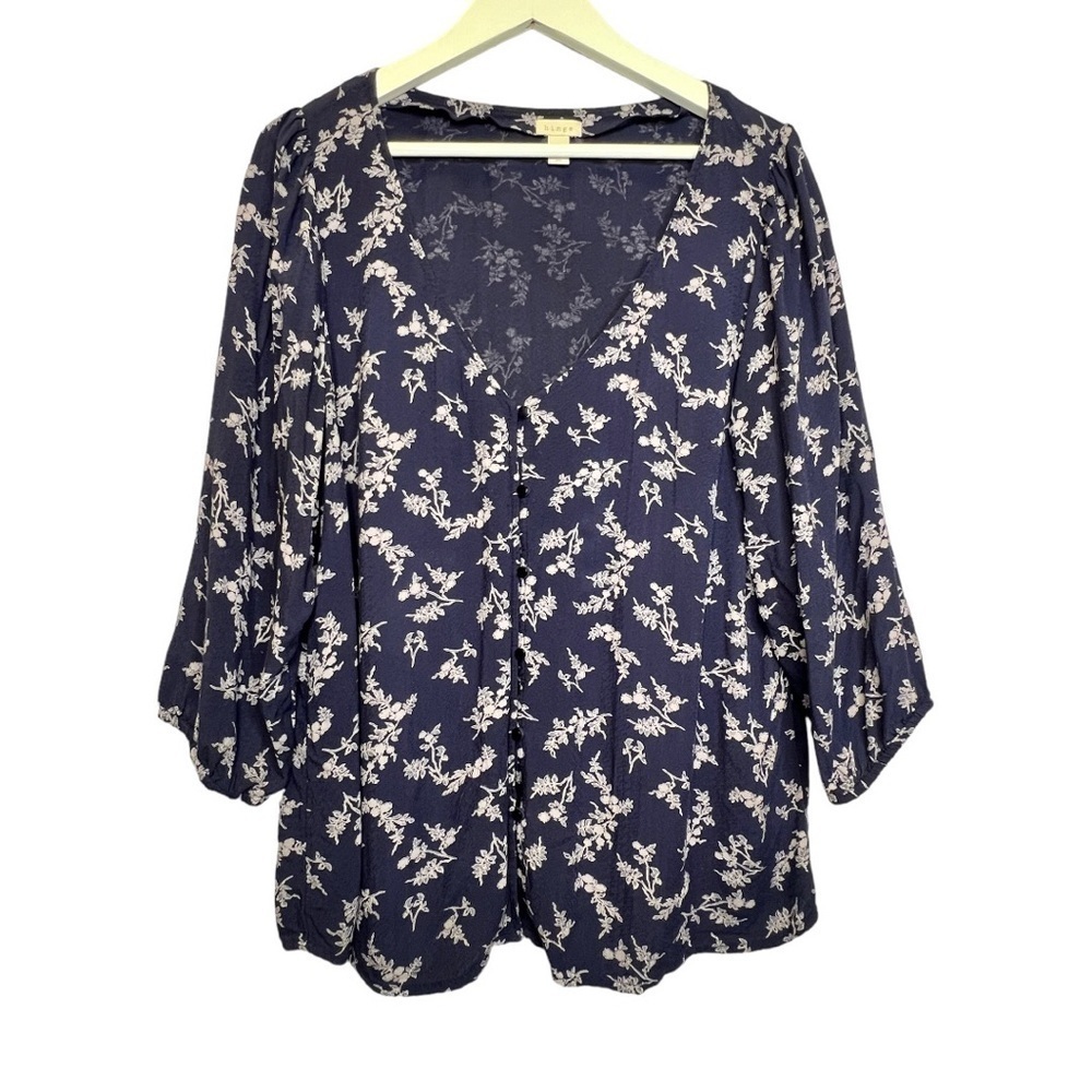 Hinge | Navy V Neck Floral Button Front Blouse 3/4 Sleeve Sz L